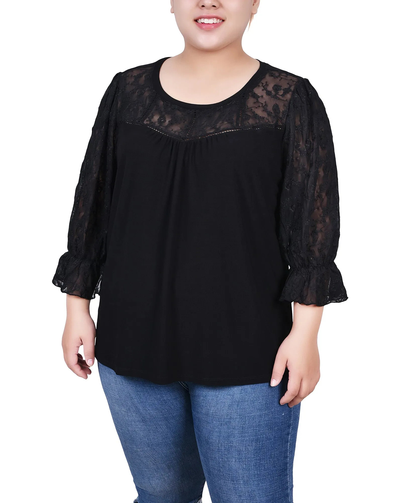 Plus Size 3/4 Sleeve Crepe Top With Embroidered Mesh Yoke And Sleeves