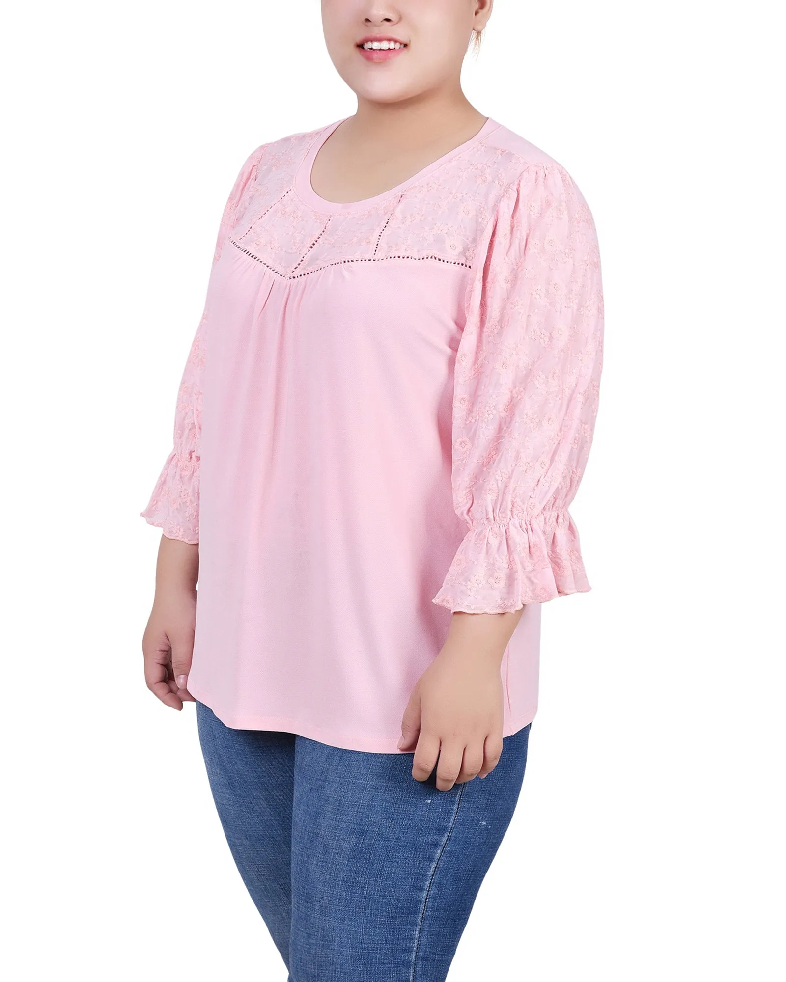 Plus Size 3/4 Sleeve Crepe Top With Embroidered Mesh Yoke And Sleeves