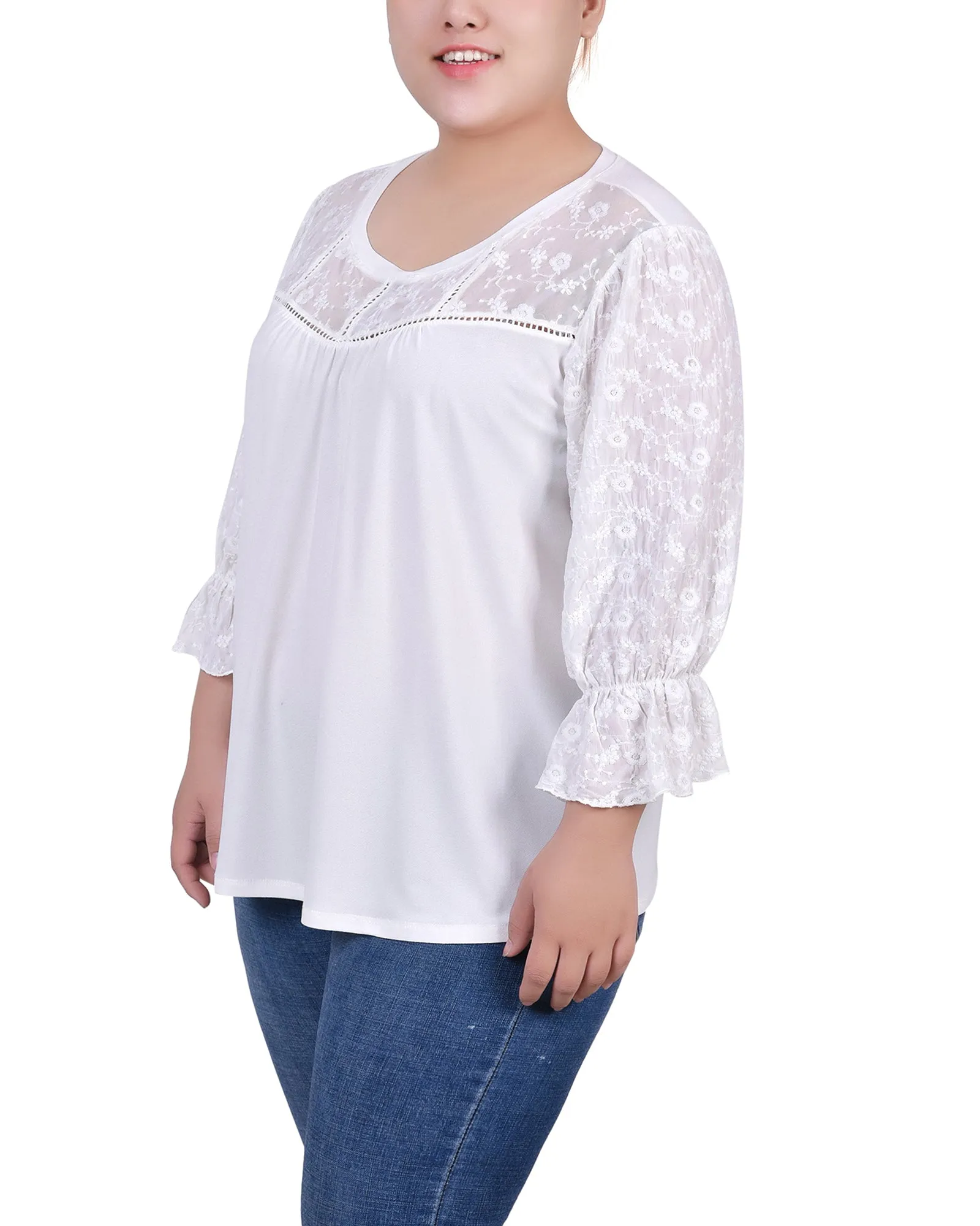 Plus Size 3/4 Sleeve Crepe Top With Embroidered Mesh Yoke And Sleeves