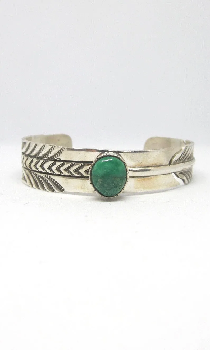 RICK ENRIQUEZ RE Silver Feather & Turquoise Navajo Cuff