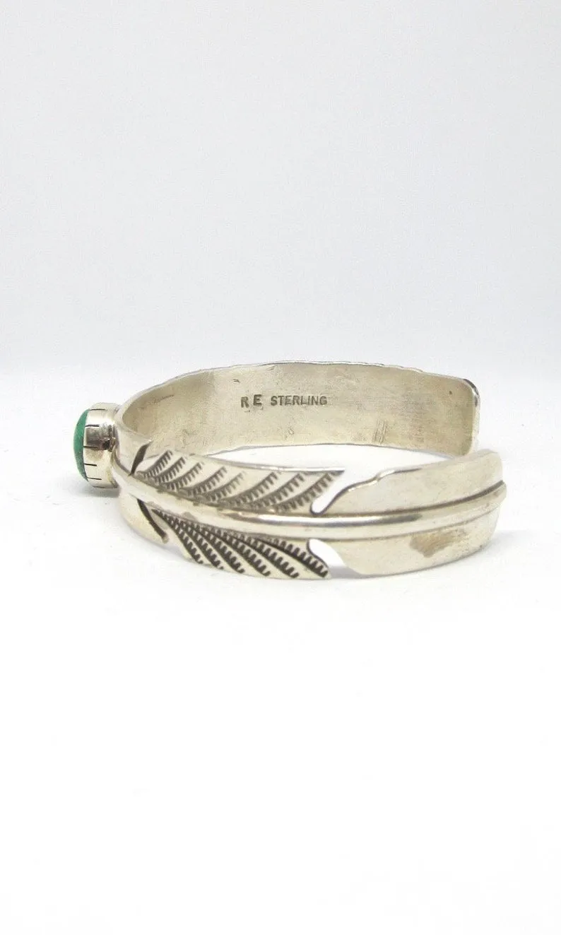 RICK ENRIQUEZ RE Silver Feather & Turquoise Navajo Cuff