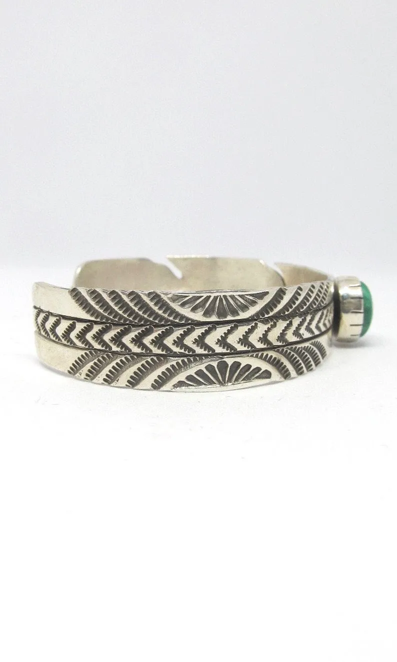 RICK ENRIQUEZ RE Silver Feather & Turquoise Navajo Cuff