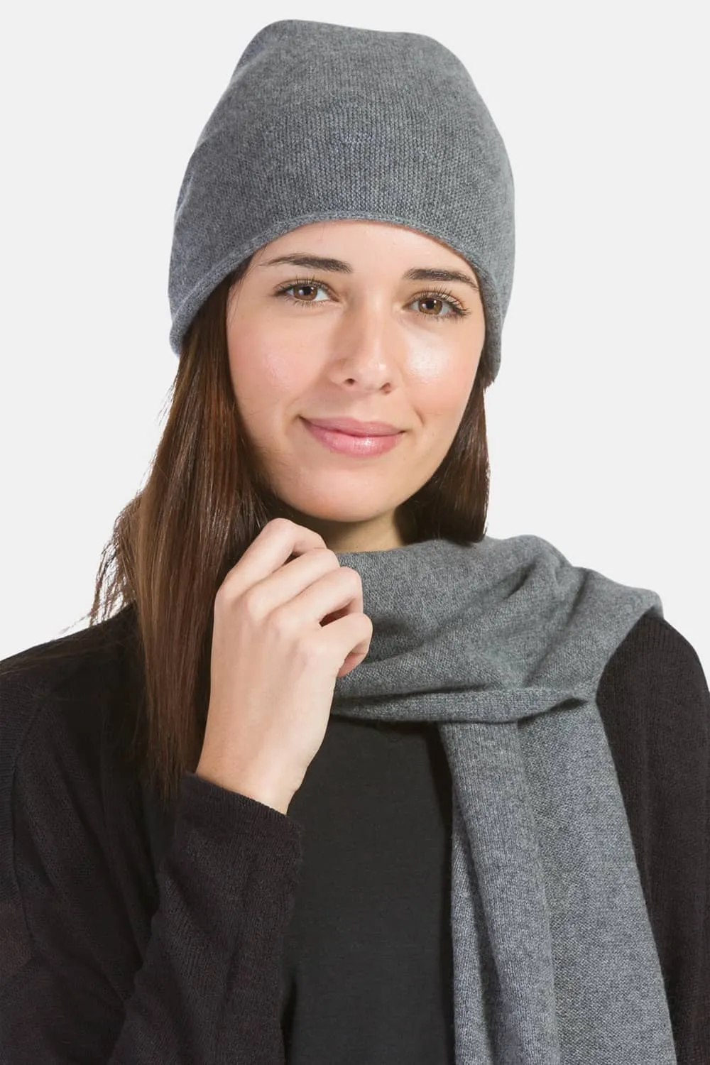 Women's 2pc 100% Cashmere Slouchy Beanie & Knit Scarf Set with Gift Box